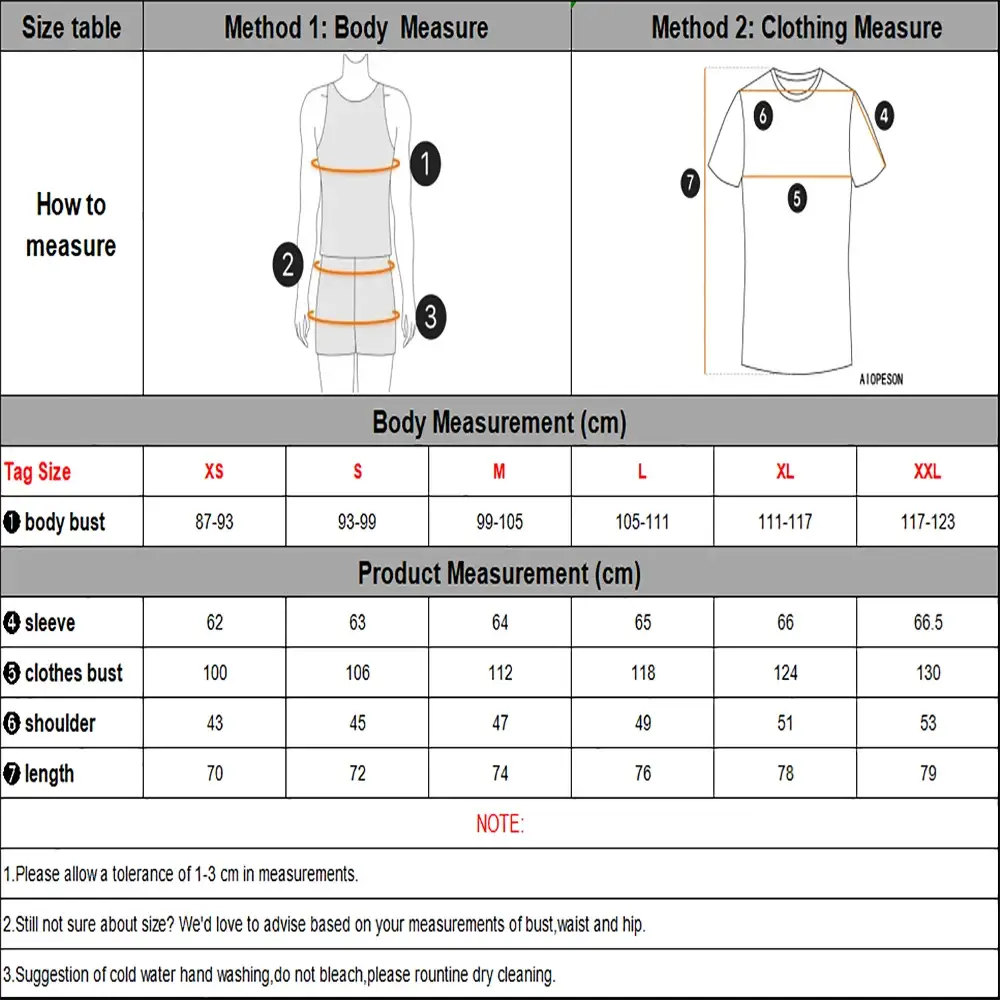 AIOPESON 100% cotton men's long-sleeve solid shirt size chart with bust, sleeve, shoulder, length (XS–XXL)