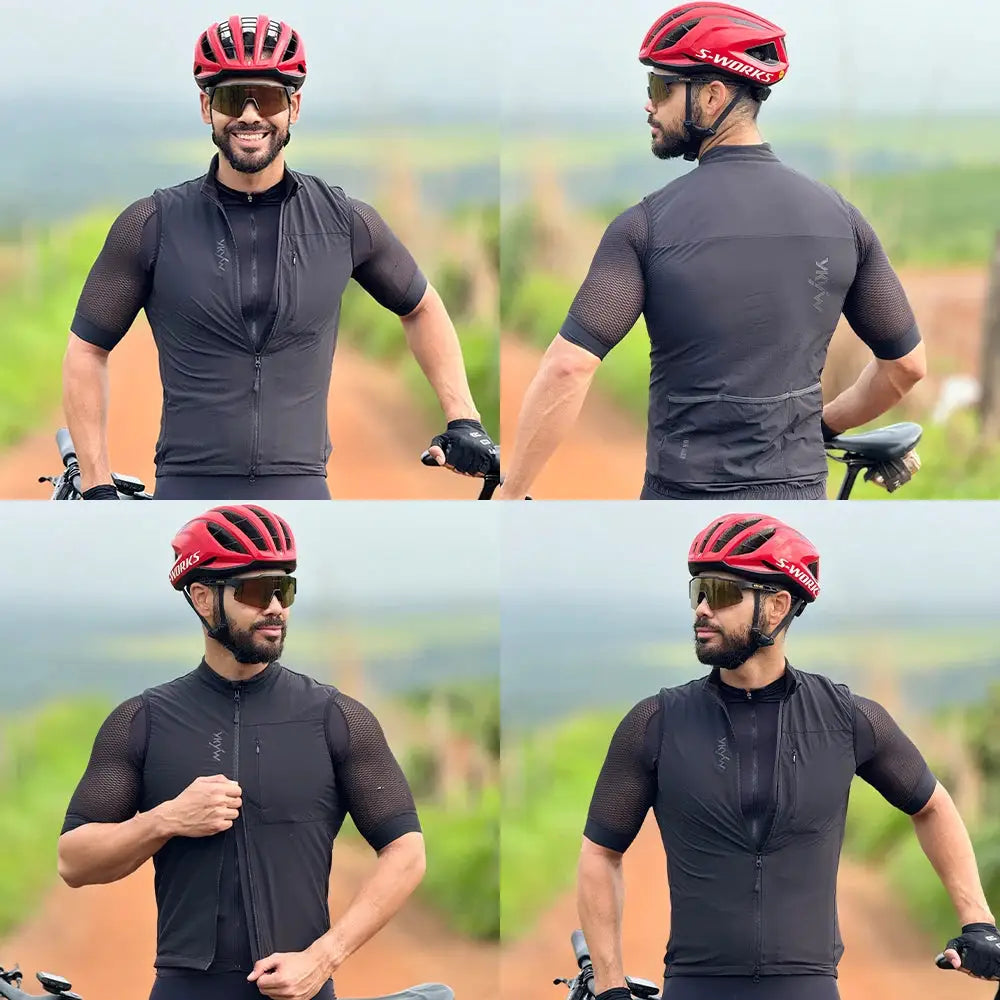 Men's black cycling vest with mesh sleeves, front zipper, windproof design, Simples Market