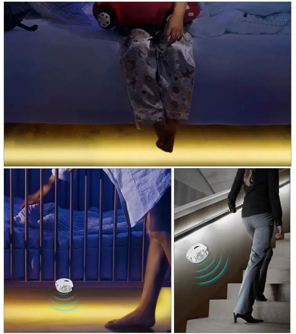 Simples Market motion-sensor LED night lights (3); white, flexible 12V lighting for under-cabinet, bed and stairs.