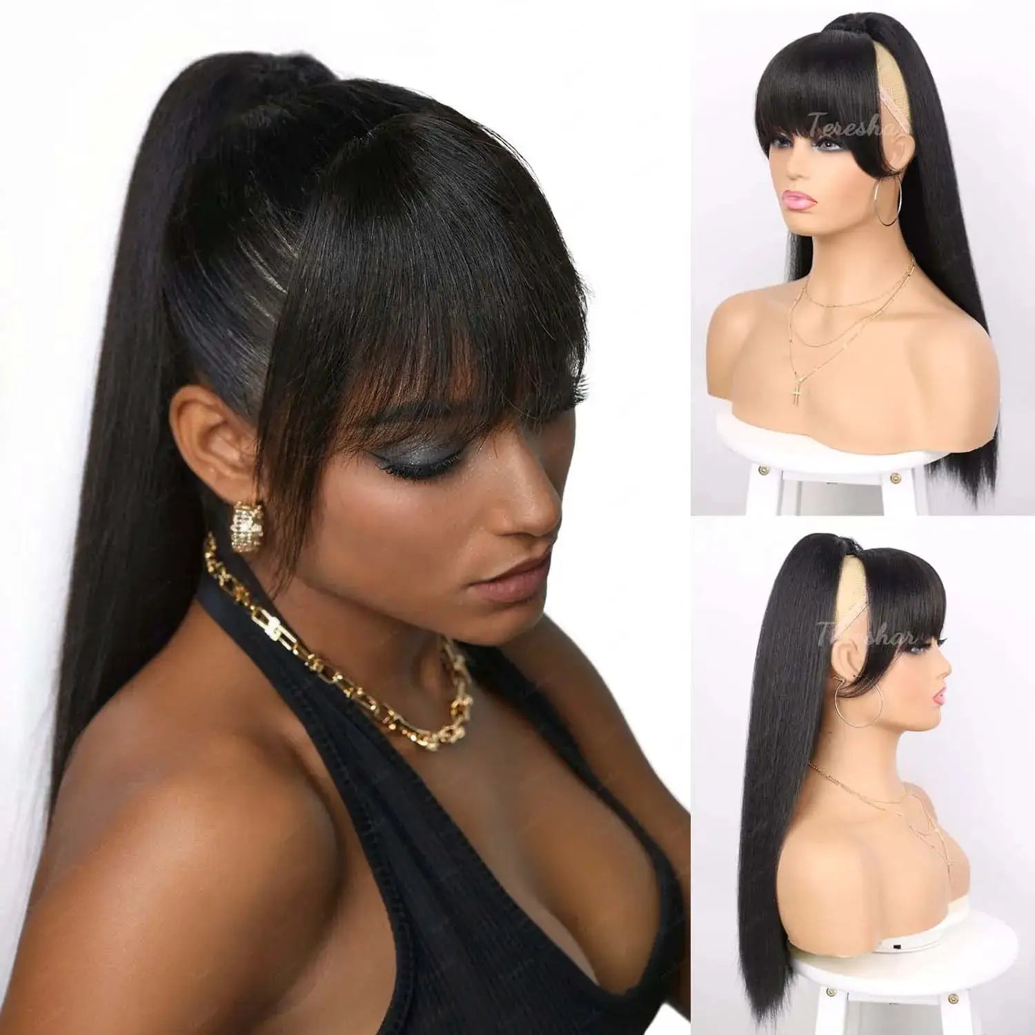 Synthetic Yaki drawstring ponytail extension with bangs, long straight black hair — Simples Market
