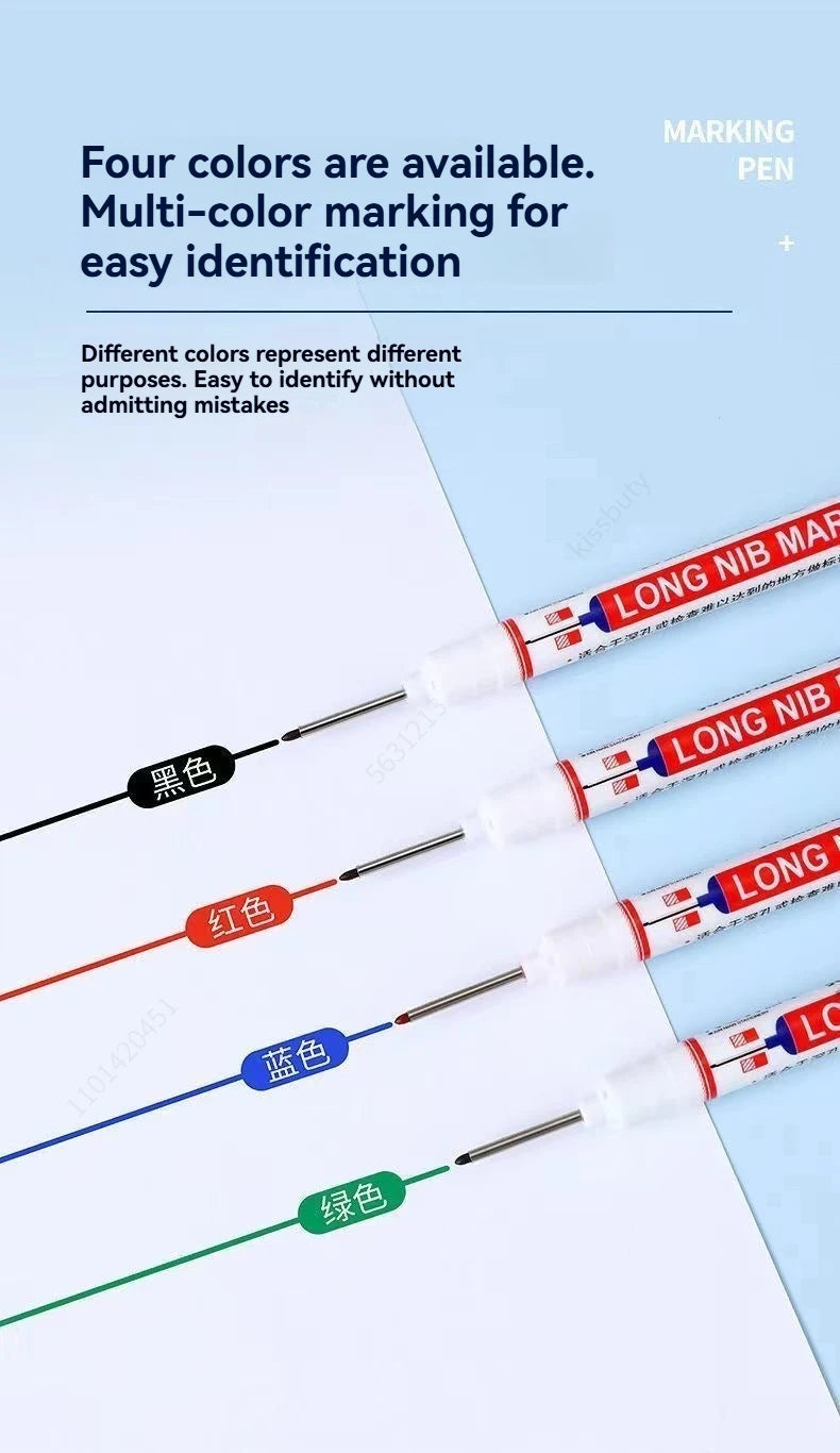 Simples Market 4-piece long-nib marker set in black, red, blue, and green for metal/woodworking; waterproof marking