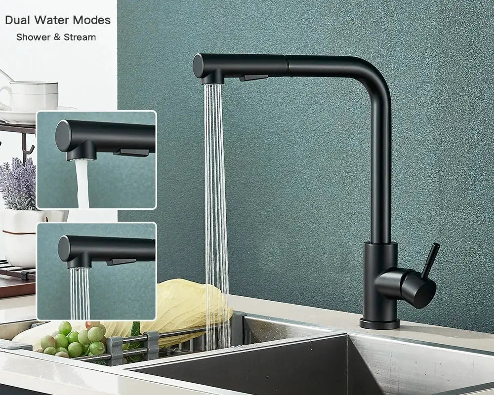 Rozin black pull-out kitchen faucet by Simples Market with 360° rotation and dual water modes.