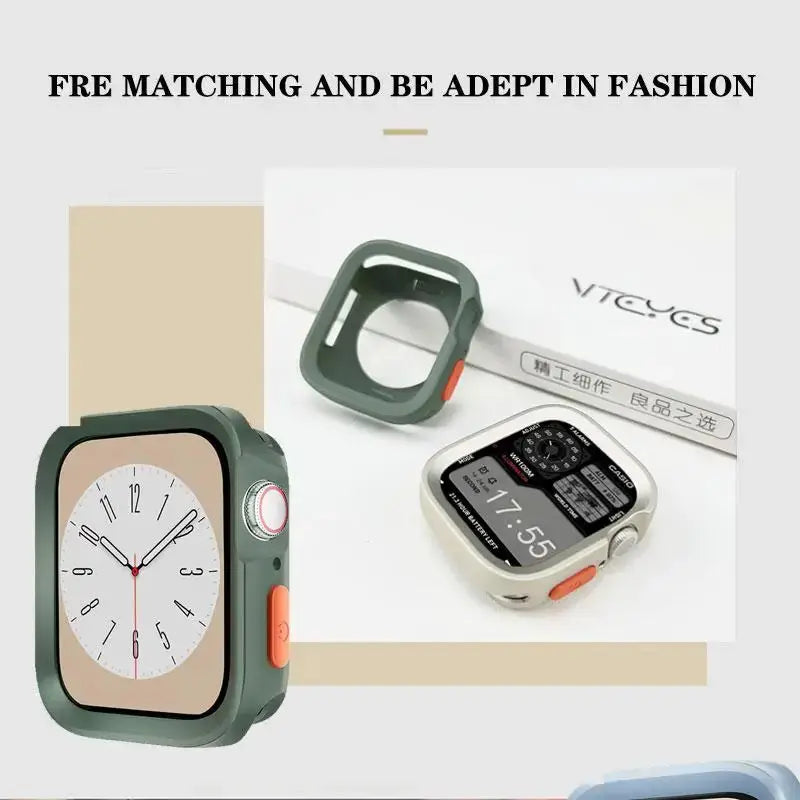 Bumper soft silicone case for Apple Watch by Simples Market, olive green with orange side button, 40–49mm