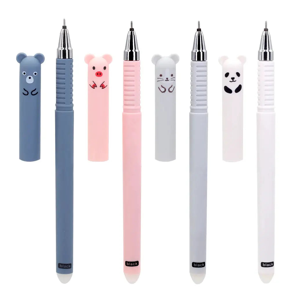 8 0.5mm animal-themed erasable gel pens with bear, pig, cat and panda toppers in pastel blue, gray and pink