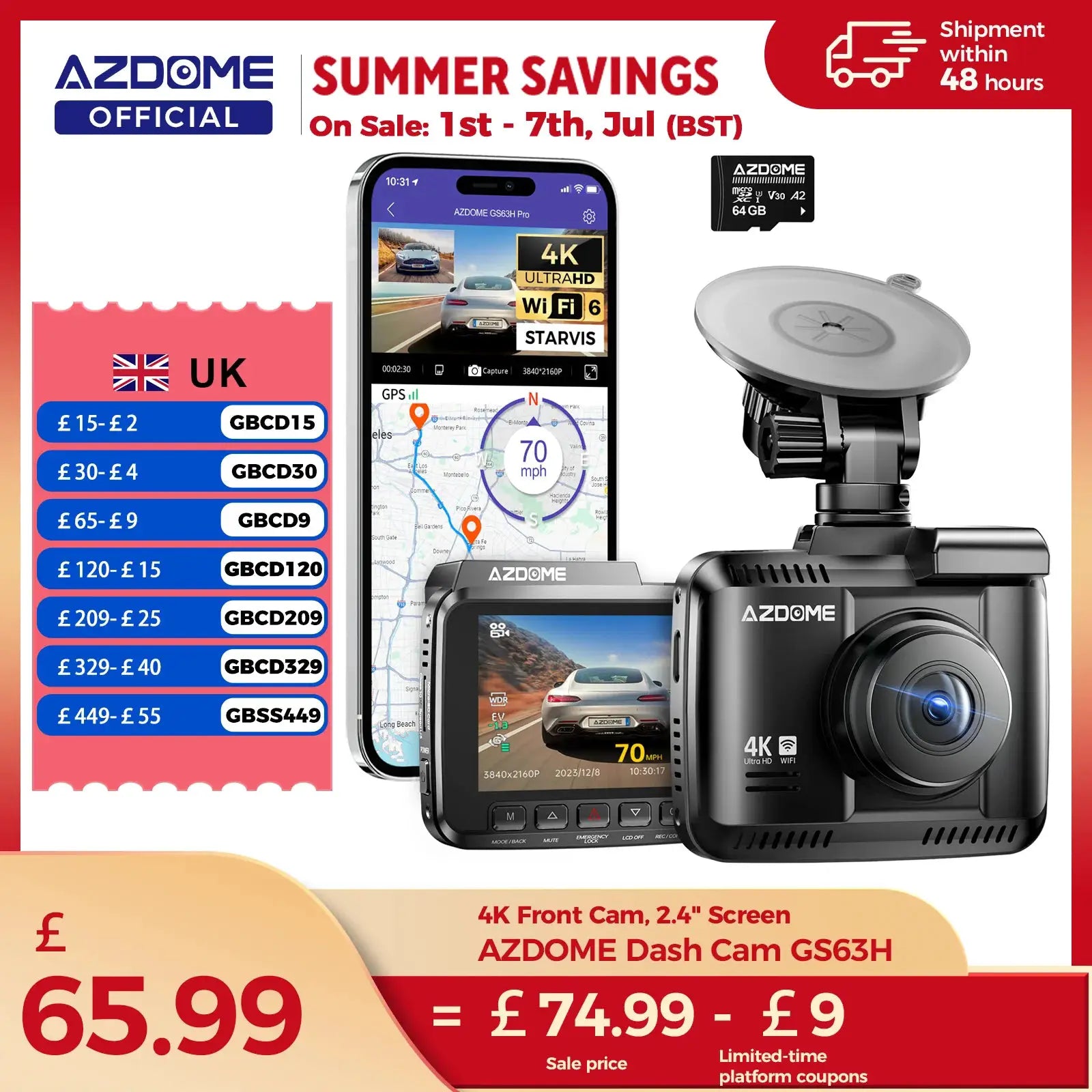 AZDOME Dash Cam GS63H 4K front car camera with built-in GPS, WiFi, 2.4in screen