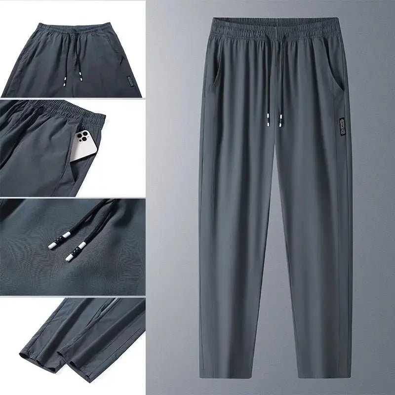 Simples Market running pants in charcoal gray ice-silk fabric with drawstring waist