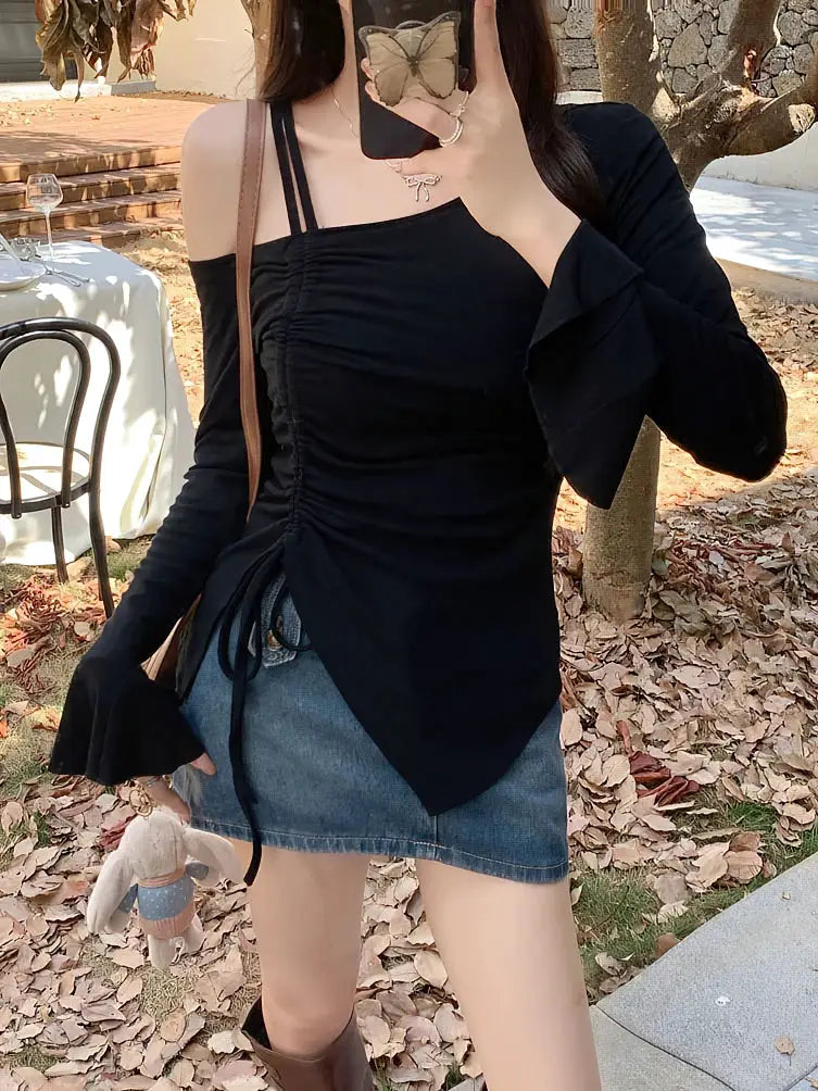 White Off Shoulder Top With Drawstring Ribbon Slim Fit Long Sleeve Body Tee With Elegant Flare Sleeve