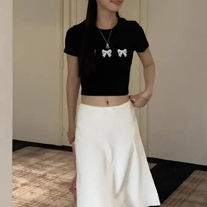 Deeptown white satin mid-length skirt; A-line casual Korean-style by Simples Market