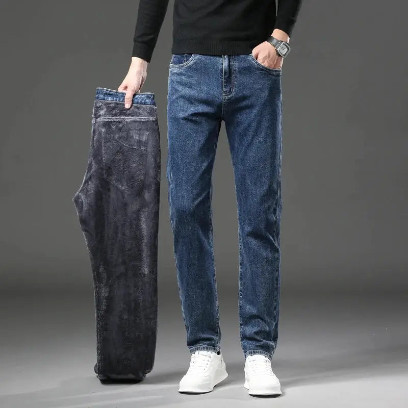 Men's fleece-lined blue denim jeans; model wears slim straight pair, with a folded dark pair displayed beside.