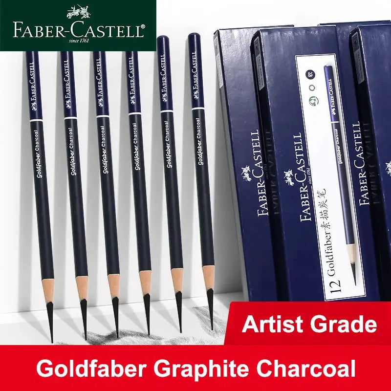 Faber-Castell Goldfaber Charcoal Graphite Sketch Pencils set, 6 black pencils with blue boxes, EX-Soft–Hard, artist grade