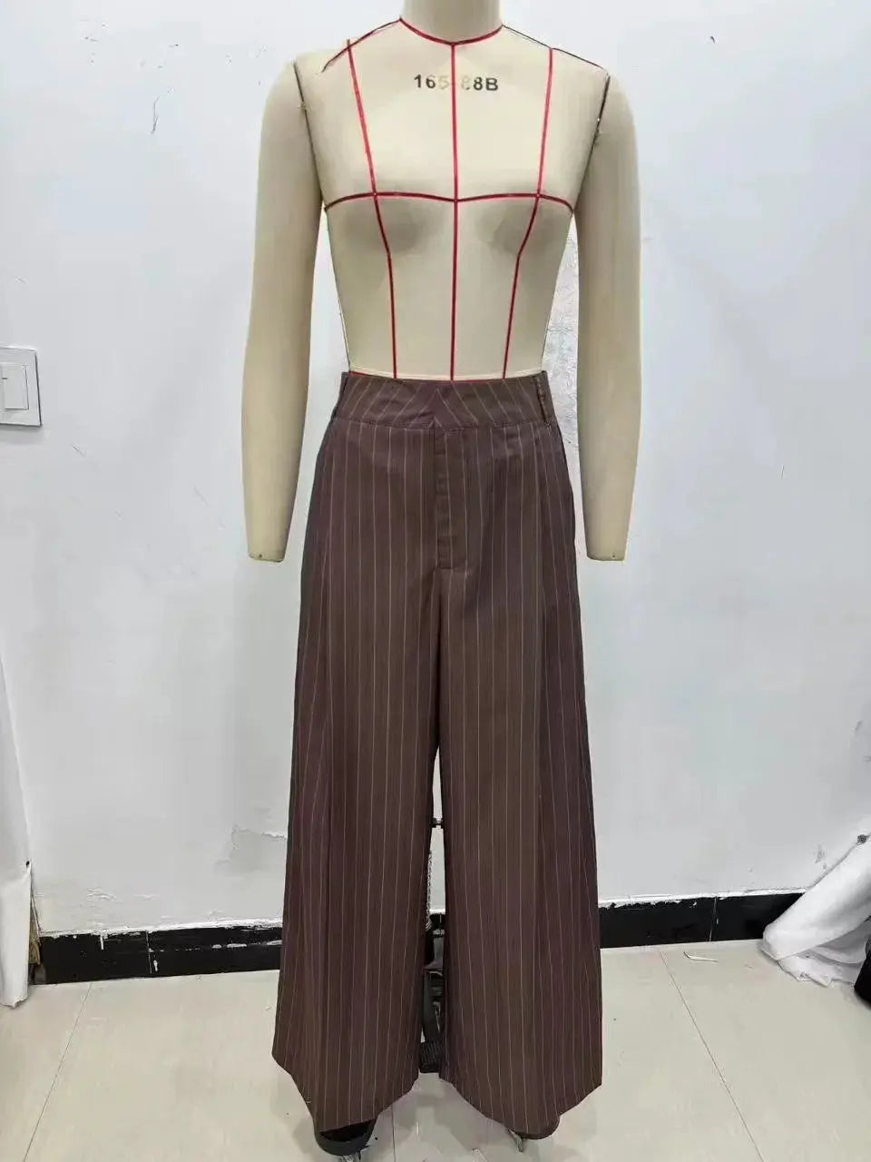 KONDALA brown pinstripe wide-leg pants suit on mannequin for office wear