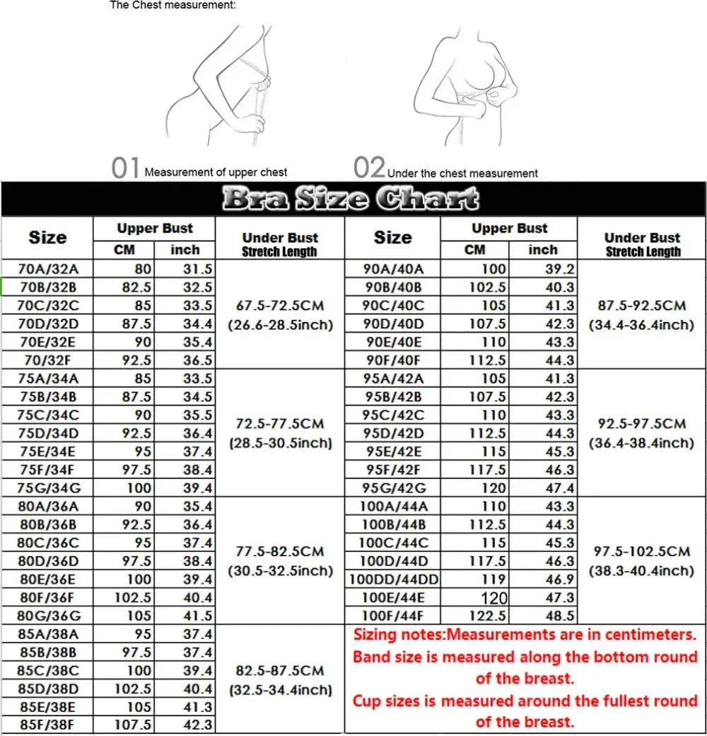 Plus-size lace underwire bra sizing chart by Simples Market, with underbust/upper-bust measurements for A to F cups.