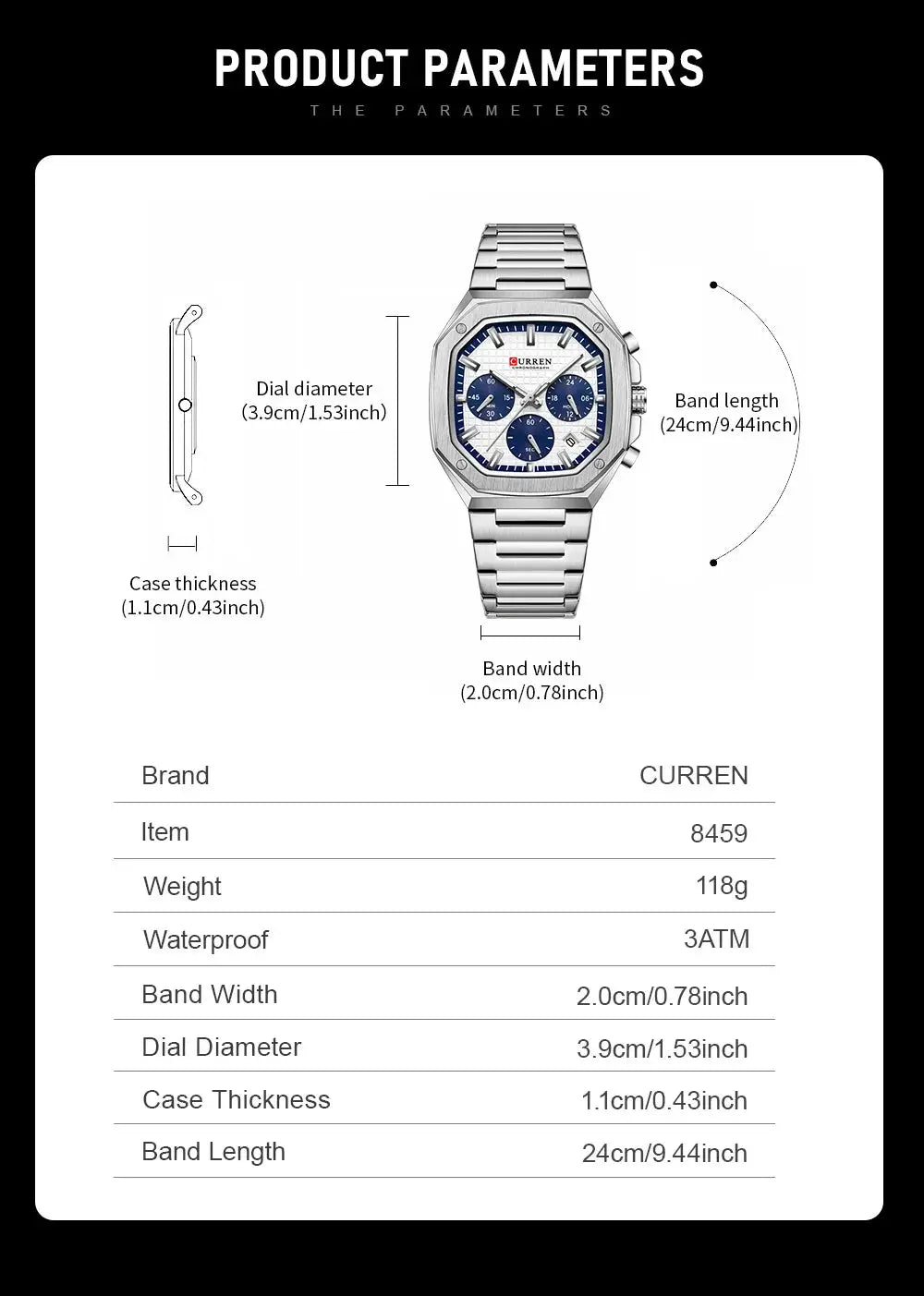 CURREN men's square stainless steel chronograph watch with date and blue subdials