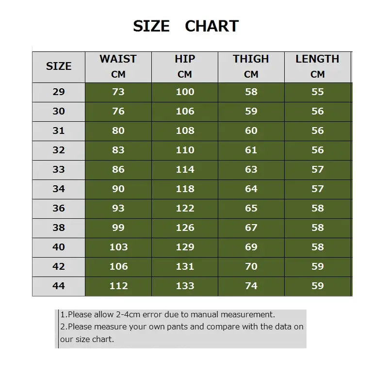 Men's cotton cargo shorts size chart by Simples Market showing waist, hip, thigh and length measurements for sizes 29–44.