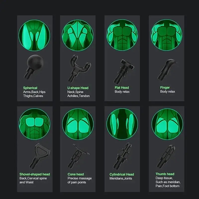 Electric deep tissue massage gun by Simples Market with 8 interchangeable heads for arms, back, legs and full body