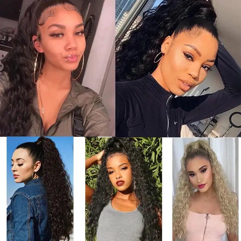 22 Inch Synthetic Kinky Curly Ponytail Hair Extension Drawstring Clip In Black For Women