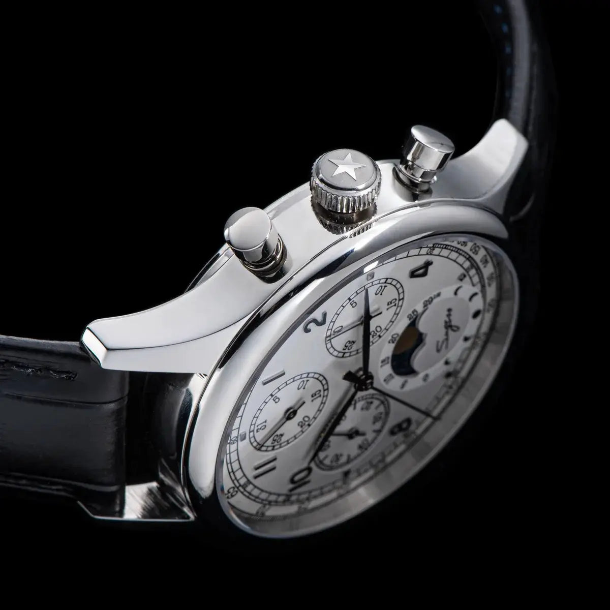 Men's silver stainless steel chronograph watch with moonphase dial and black leather strap