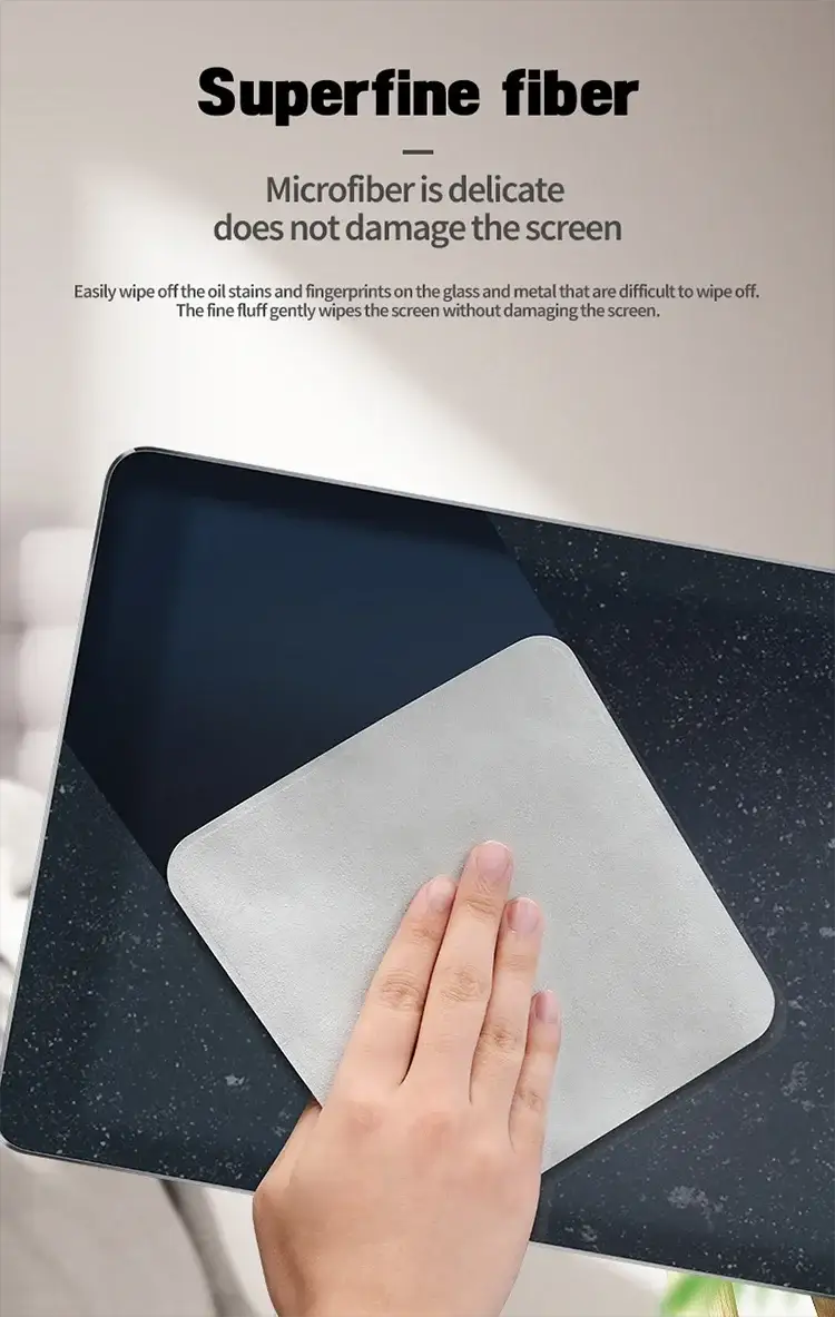 Polishing cloth by Simples Market; gray microfiber cleaning cloth shown wiping an iPad/tablet screen display
