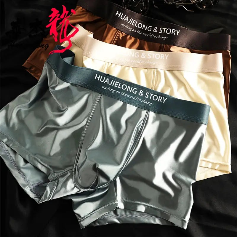 Boxer shorts set: 3 satin ice-silk boxers with branded waistbands HUAJIELONG & STORY in grey, beige and taupe