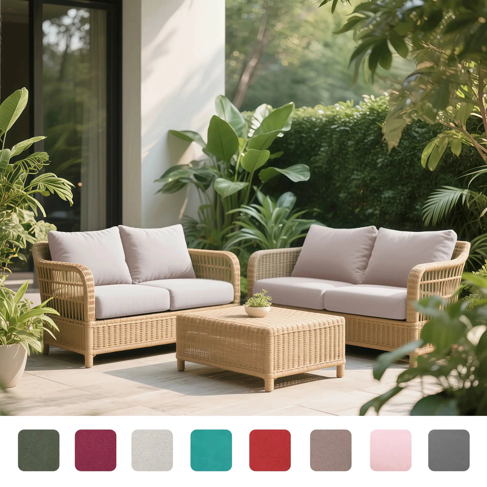 Simples Market 1pc solid milk-silk elastic sofa cover on outdoor beige wicker sofa with light cushions