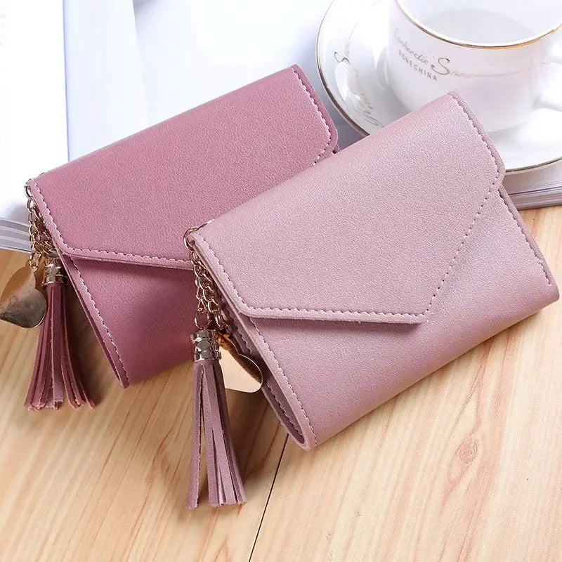 Simples Market PU leather tassel wallets in pink, set of 2 compact card holders.