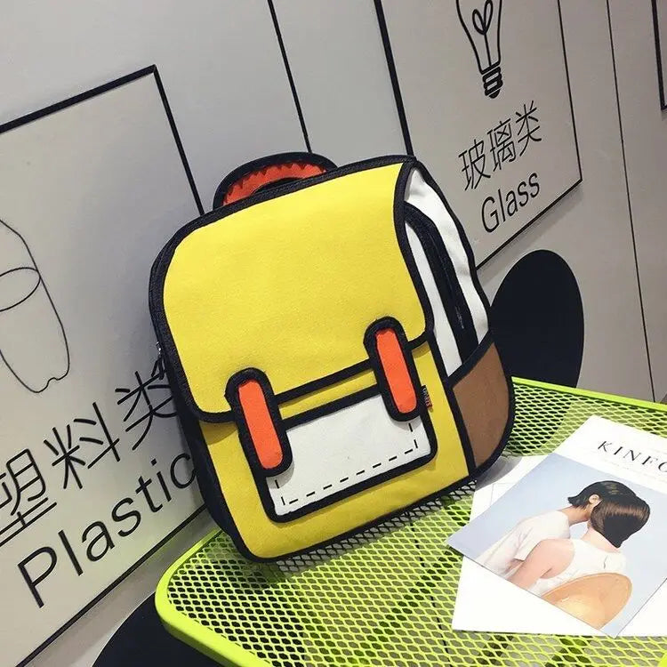 Kids' school backpack by Simples Market; yellow 2D/3D design with orange straps and white front pocket.