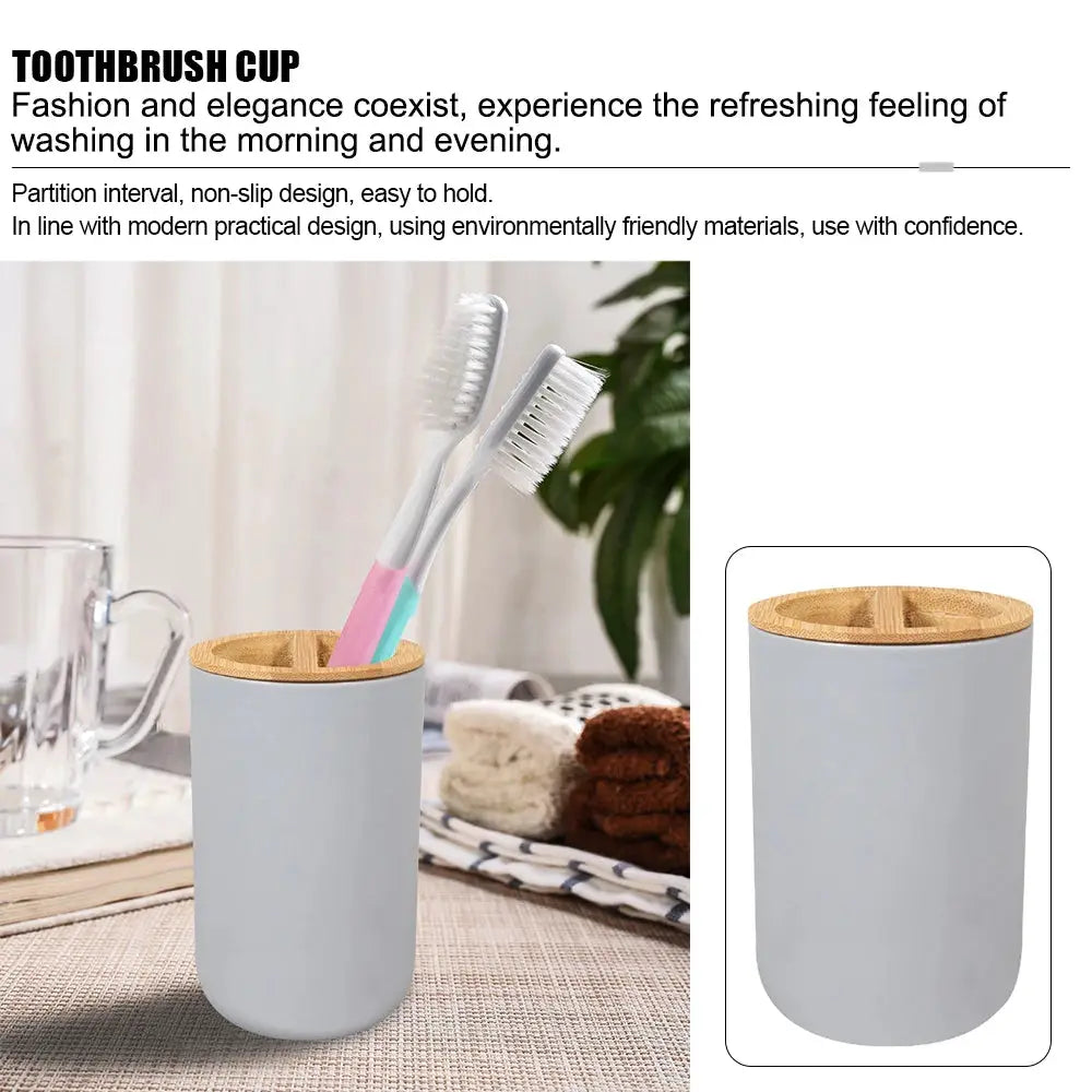 Toothbrush cup holder, gray with bamboo lid, holds two toothbrushes; part of a 6-piece bathroom storage set.