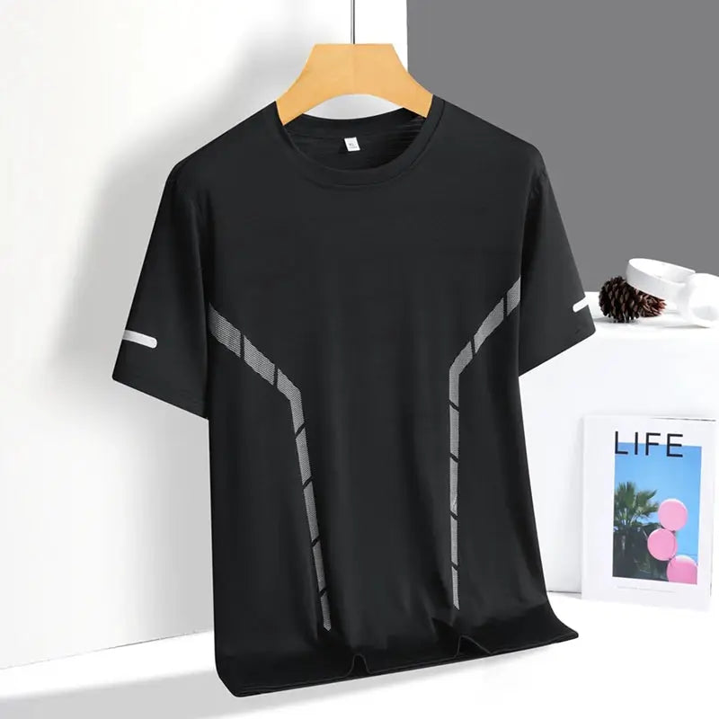 Men's black running T-shirt with reflective printing and geometric stripes; short sleeves