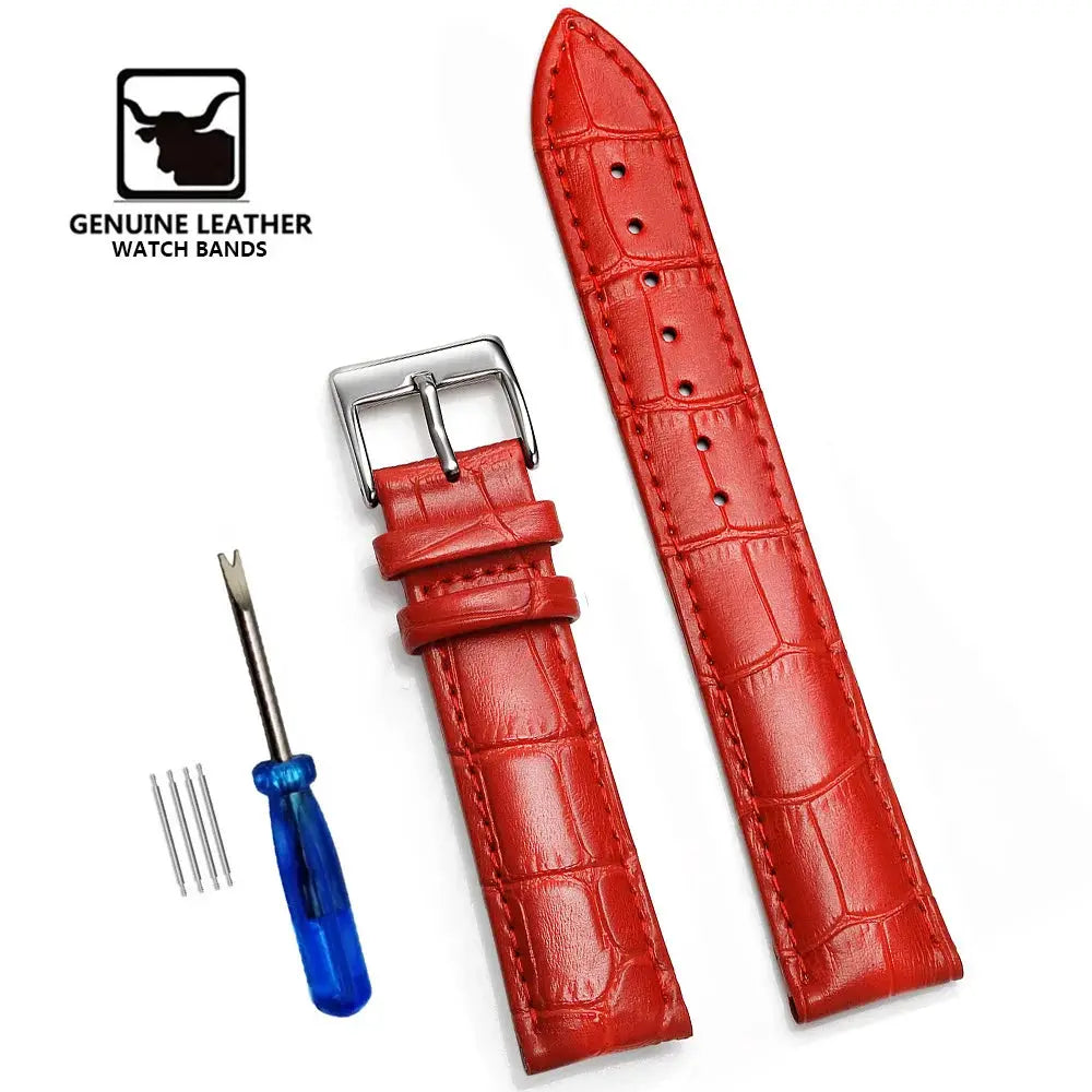 Two red crocodile-embossed leather watch bands by Simples Market, genuine leather 12–24 mm with buckle and screwdriver
