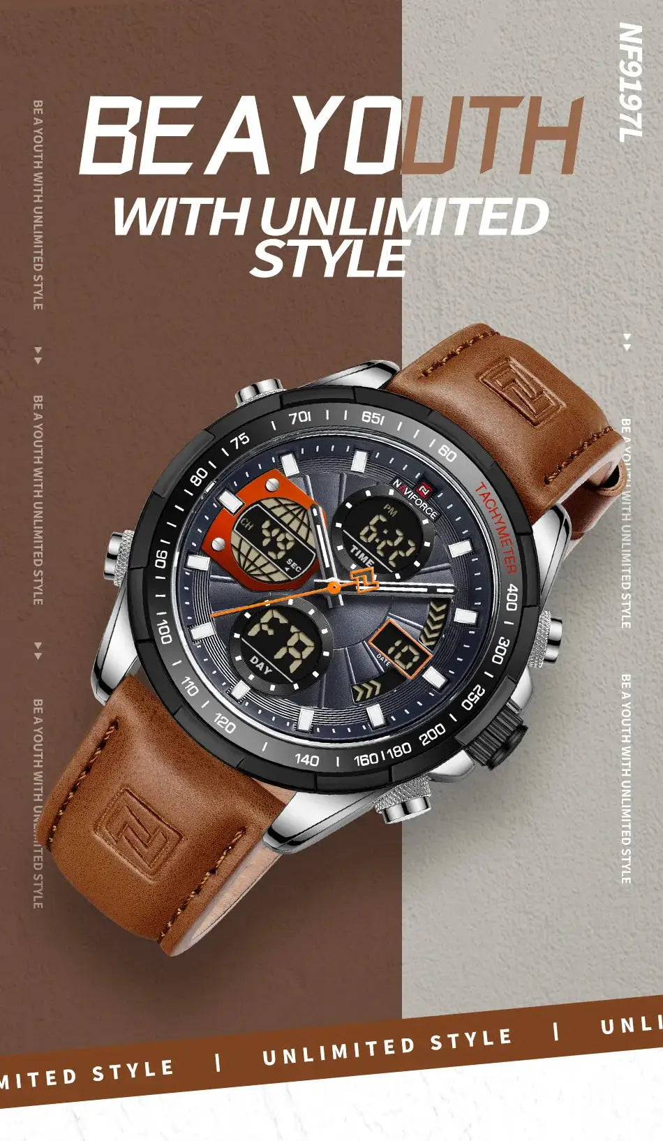 Naviforce men's sport watch with brown leather strap, black case, tachymeter bezel and chronograph subdials