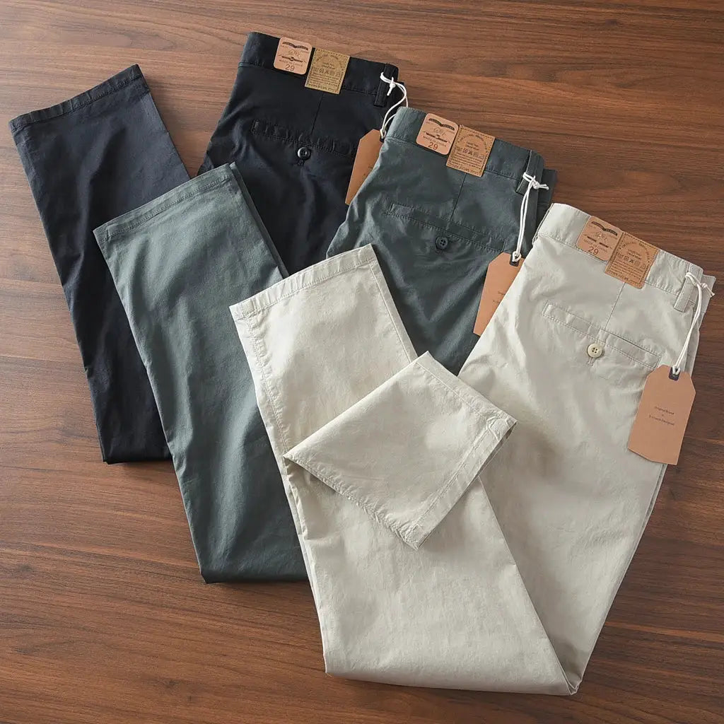 Simples Market men's chinos five-pack in black, olive, grey, beige, light khaki; 97% cotton, slim straight
