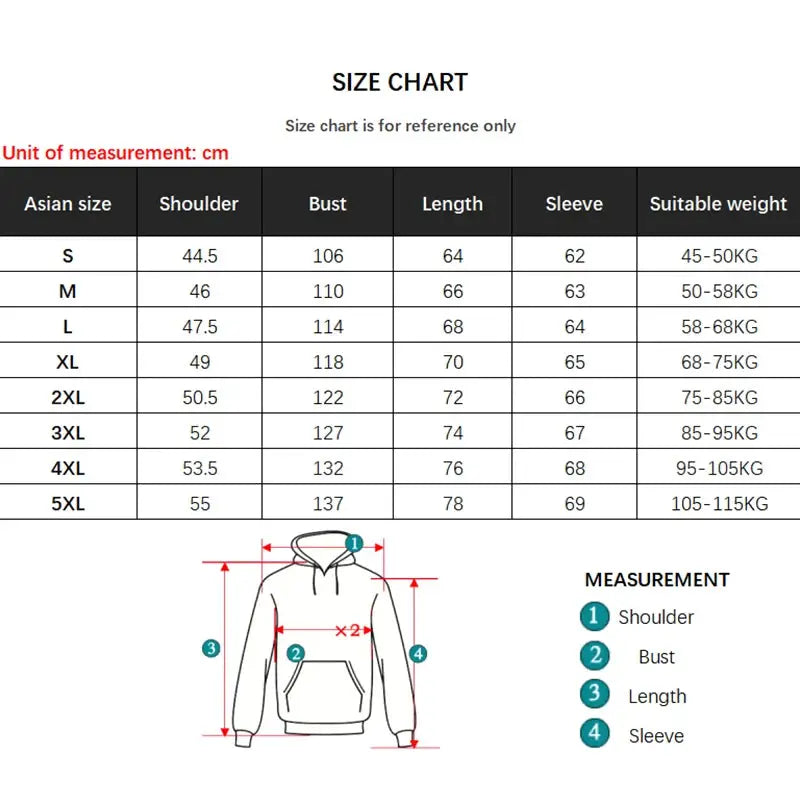 Polyester jacket size chart with cm measurements showing shoulder, bust, length, and sleeve.