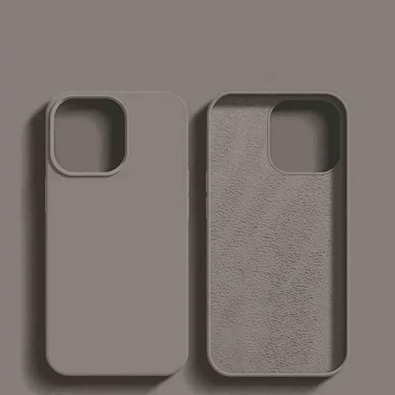 Simples Market luxury liquid silicone iPhone case duo in taupe, smooth exterior with textured interior.