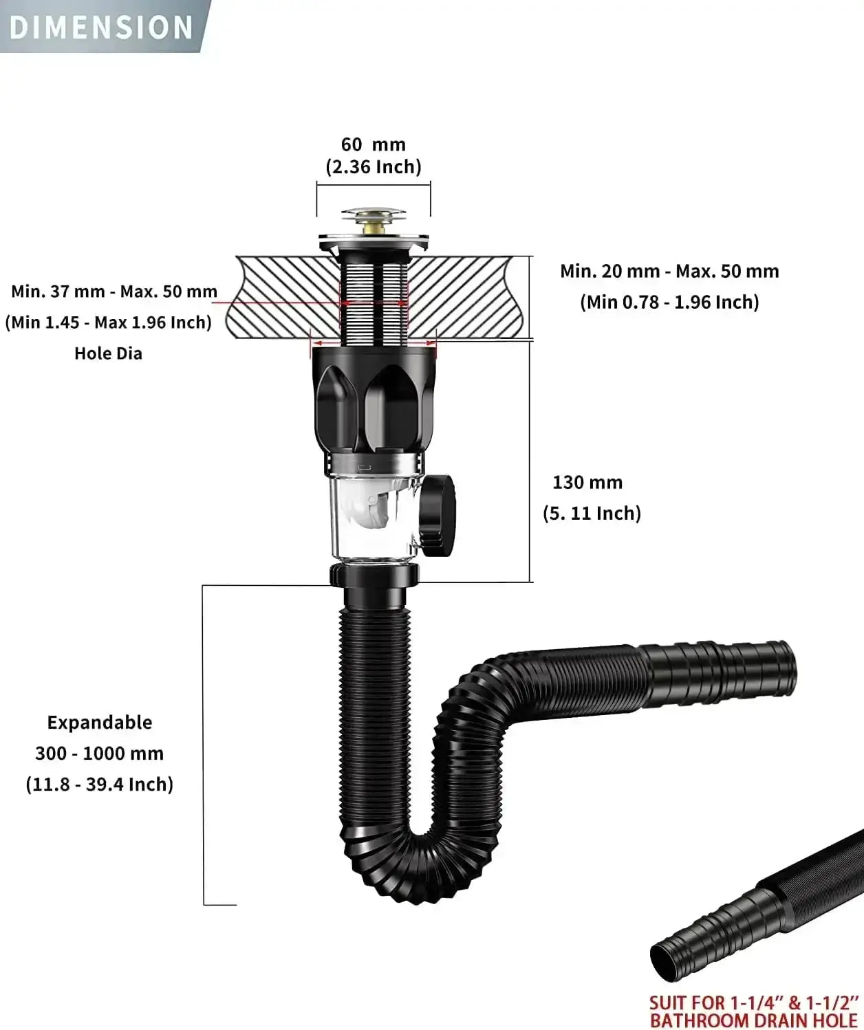 Simples Market kitchen sink drain kit with black expandable hose and universal drain body for 1-1/4 to 1-1/2 inch holes
