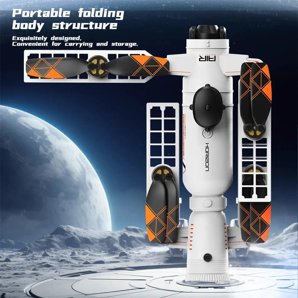 White folding drone with orange diamond-patterned propellers
