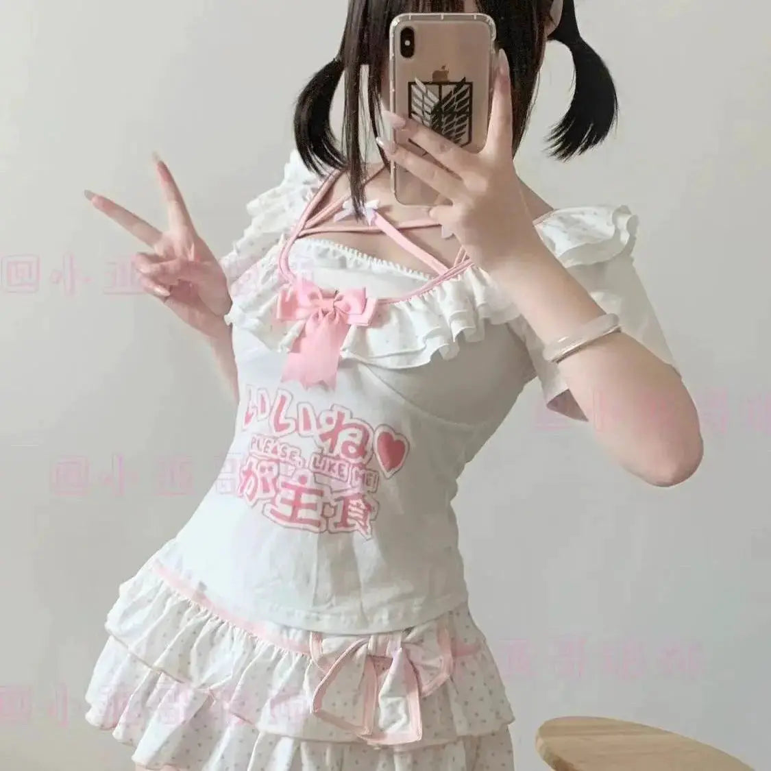 Simples Market Harajuku Lolita mini skirt, white with pink polka dots, layered ruffle hem and pink bow