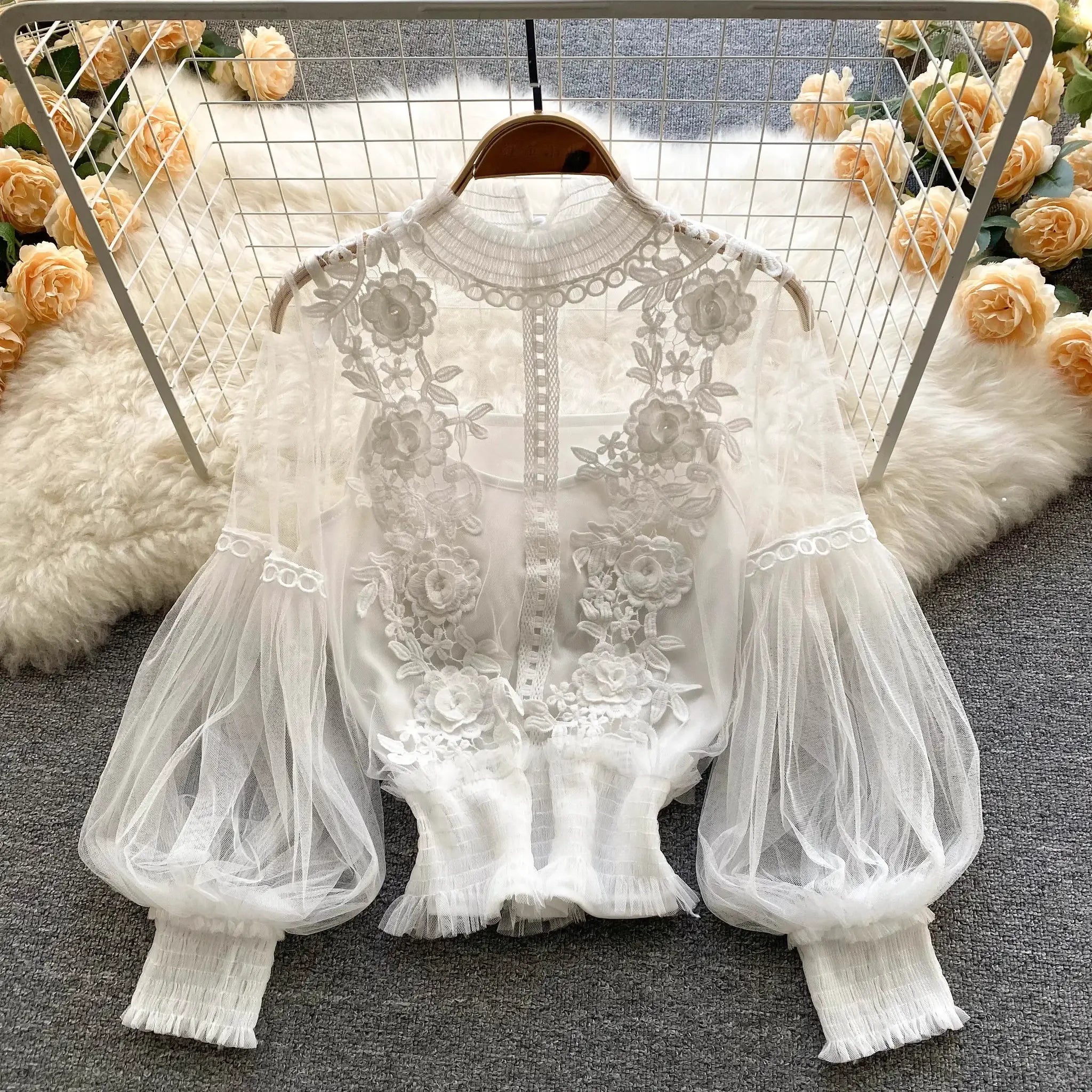 Lace puff-sleeve blouse, white floral lace with sheer tulle overlay