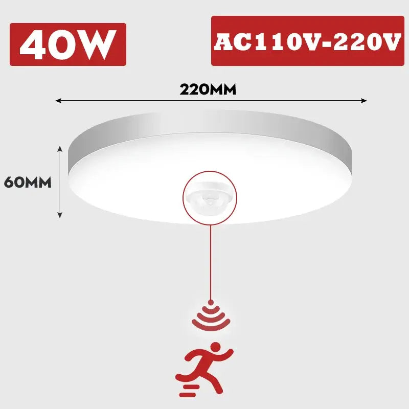 PIR motion-sensor LED ceiling lamp, round white, 40W, AC110-220V, 220mm diameter