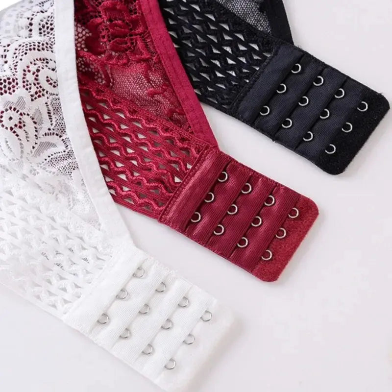 Floral lace bralette set of 4, non-wire padded style in white, burgundy, red and black with hook closures