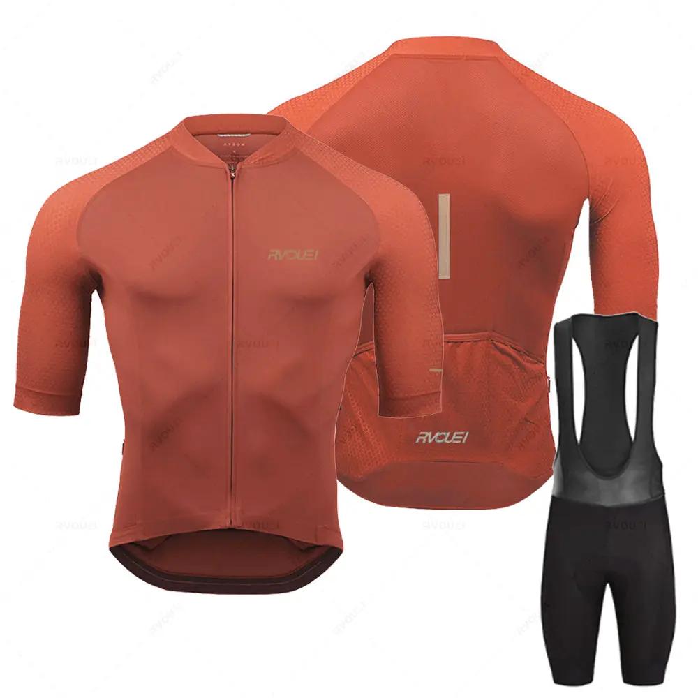 Rvouei Pro Team cycling jersey set for men in brick red with zip front and black bib shorts.
