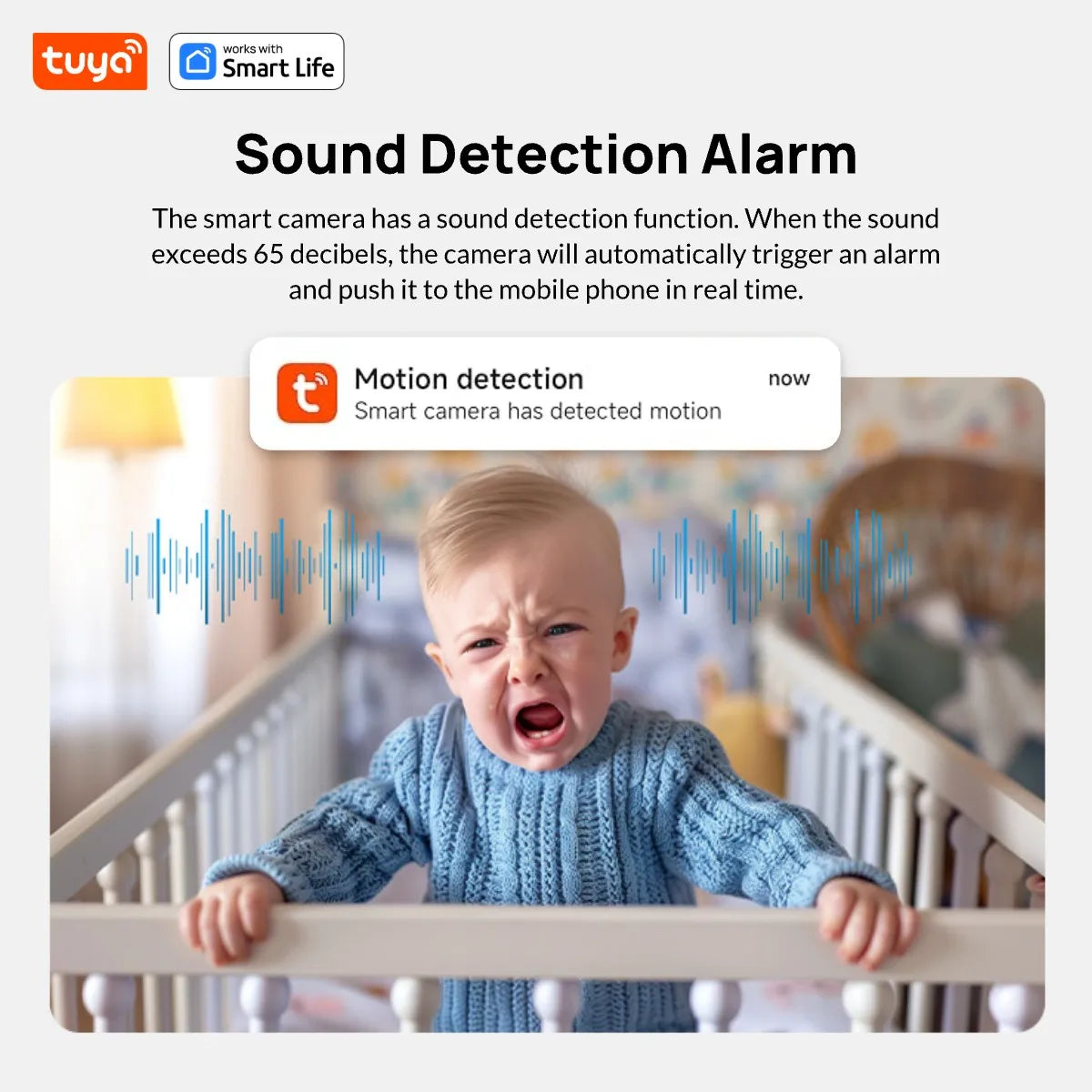 3MP HD Tuya Smart Indoor/Outdoor security camera by Simples Market; sound detection alert with Tuya logo visible