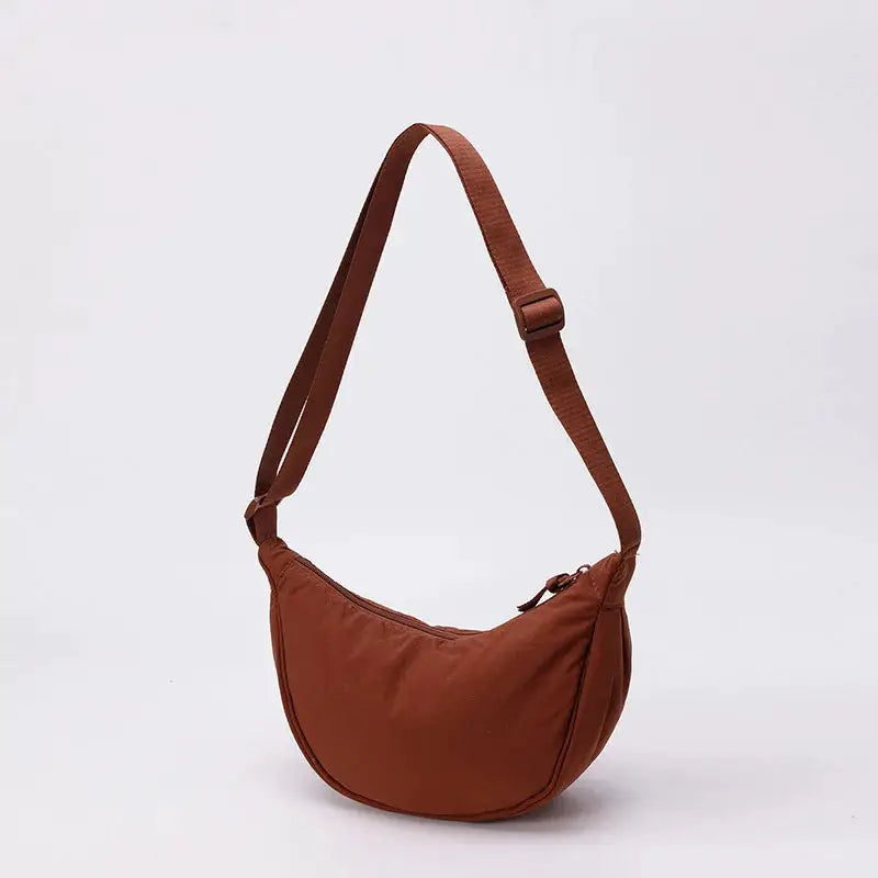 Crescent-shaped nylon crossbody bag in brown with adjustable strap, large capacity