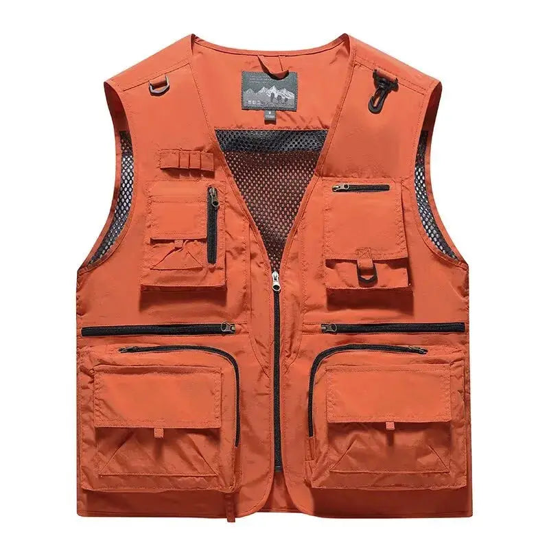 Men's orange outdoor vest with mesh lining and multiple pockets, sleeveless waistcoat