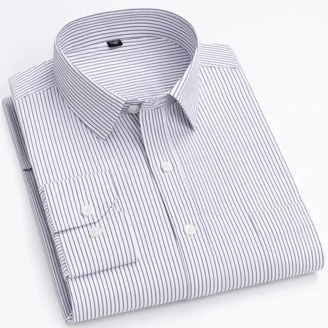 Men's long sleeve striped dress shirt, blue and white pinstripe with single pocket, Simples Market.