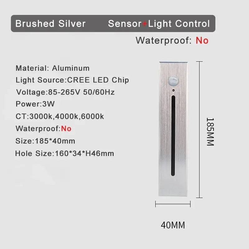 SANDIY 3W smart stair lighting motion sensor wall lamp, brushed silver, Simples Market