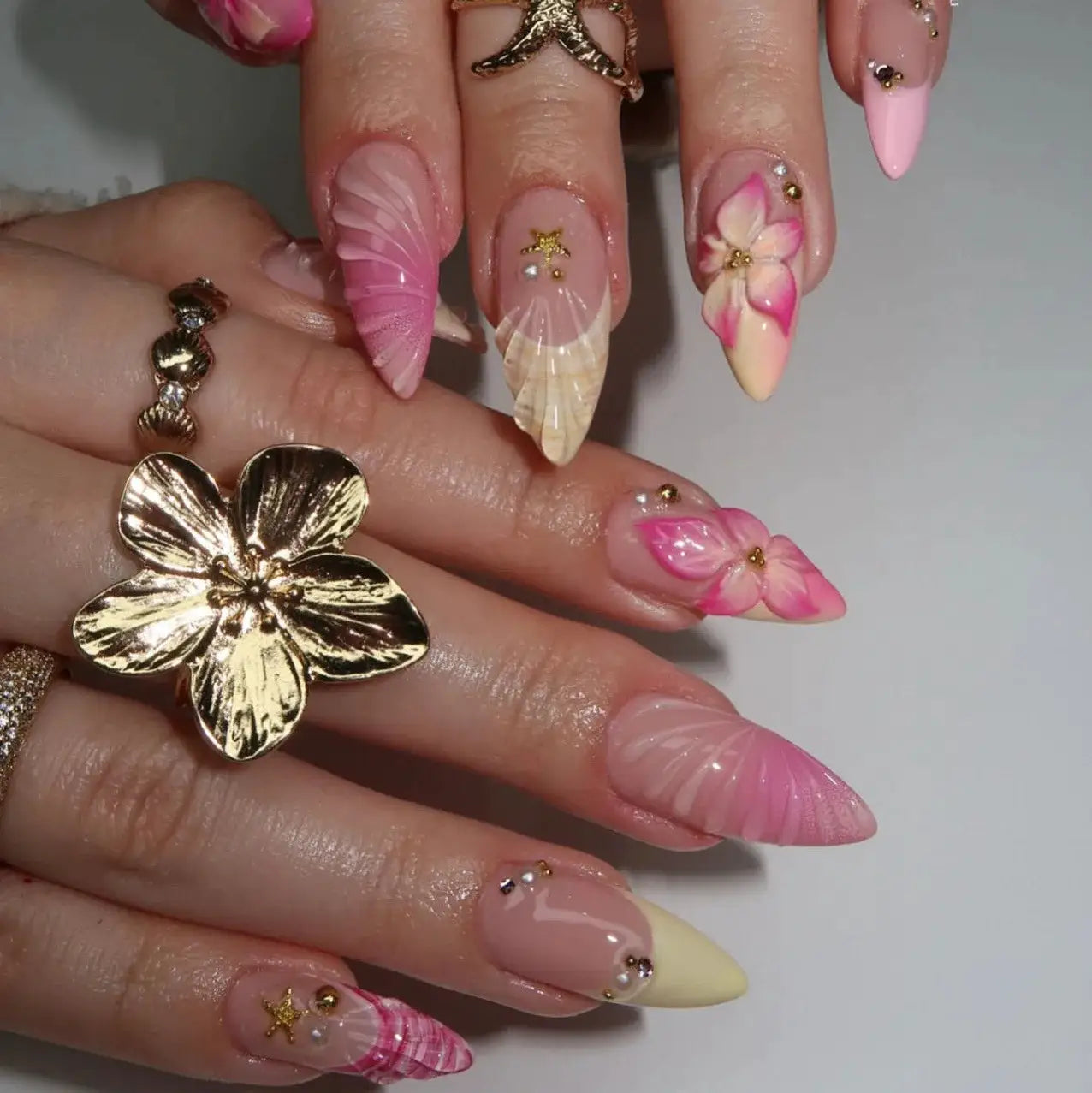 GlamNail Pink Almond Press On Nails Full Coverage Carved Flower 3D Ripple French Tips Golden Pearl Finish