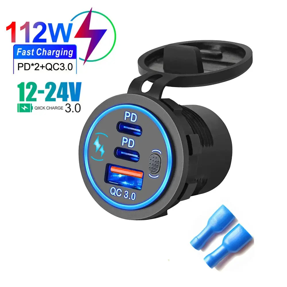 Velev 78W PD3.0 QC3.0 Dual USB C Ports Car Charger Socket Waterproof With LED Touch Switch 12V/24V For Moto