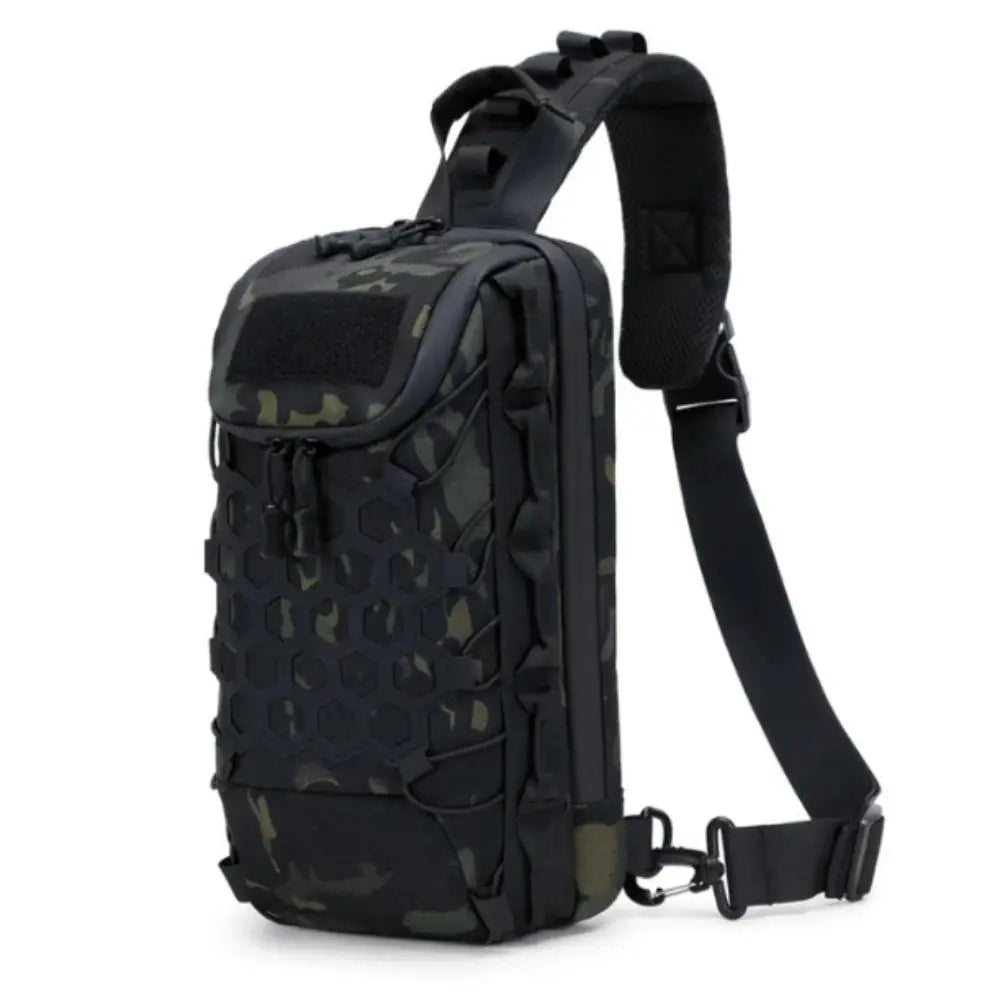 Tactical backpack in camouflage with front hex-pattern panel and single sling strap