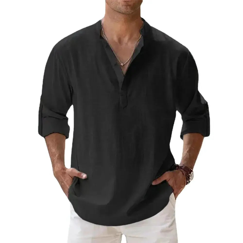 Men's Cotton Linen Blend Short Sleeve Henley Shirt For Summer Casual Beach Vacation