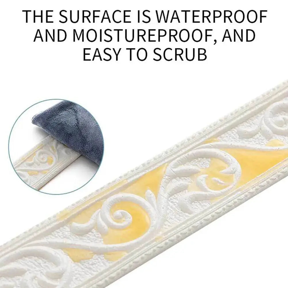 3D wall trim border by Simples Market, self-adhesive waterproof baseboard wallpaper with white decorative scroll pattern